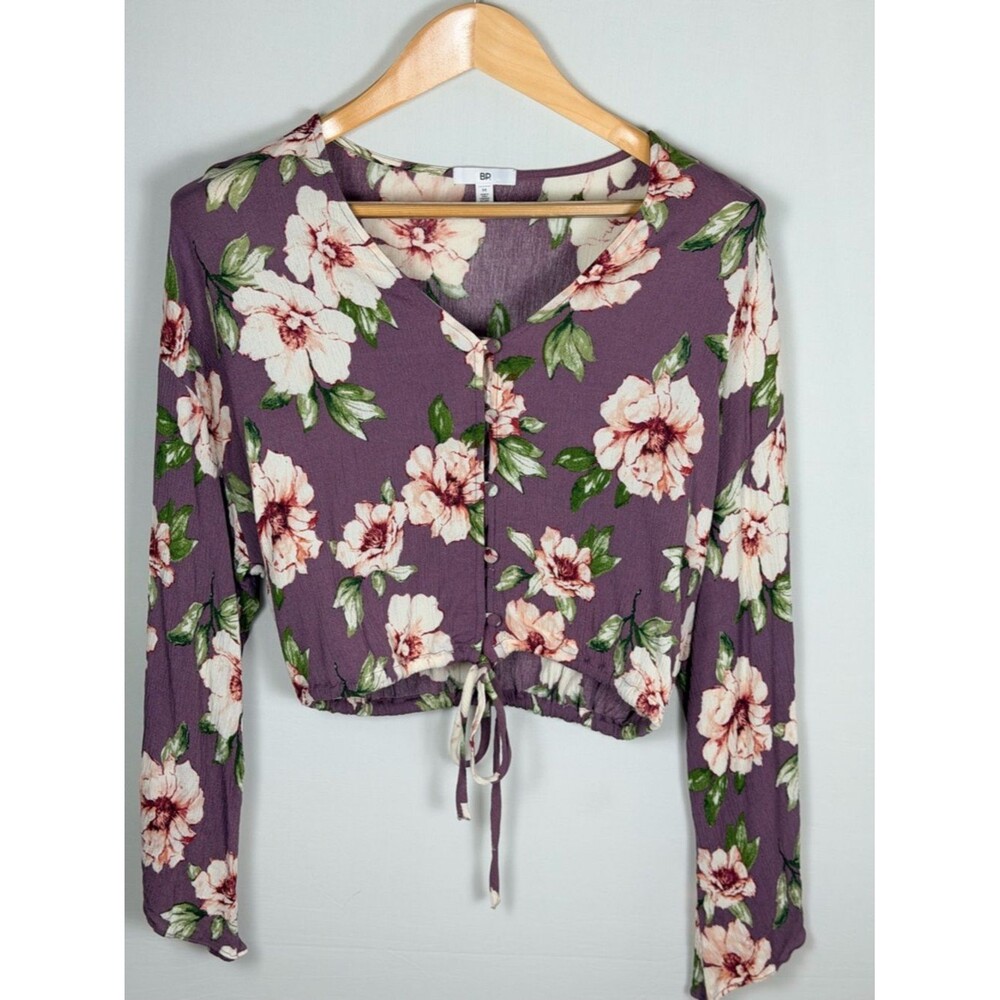 BP Purple Floral Tie Front Crop Top Long Sleeve Button Front Medium Romantic